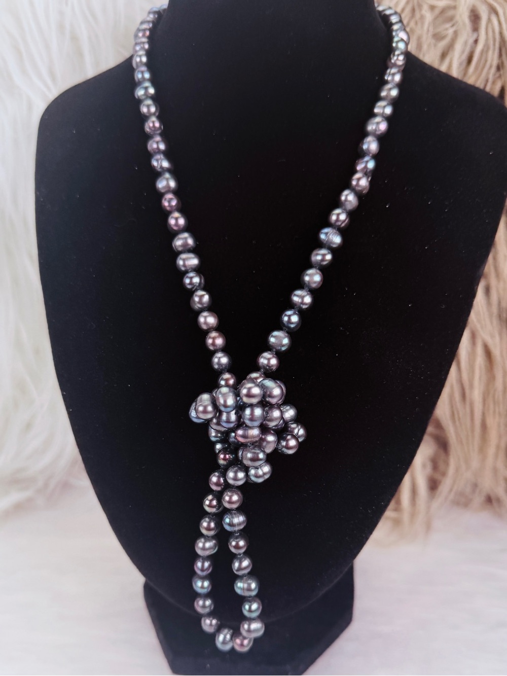 Long Peacock Black Baroque Hand-Knotted Continuous Strand Necklace